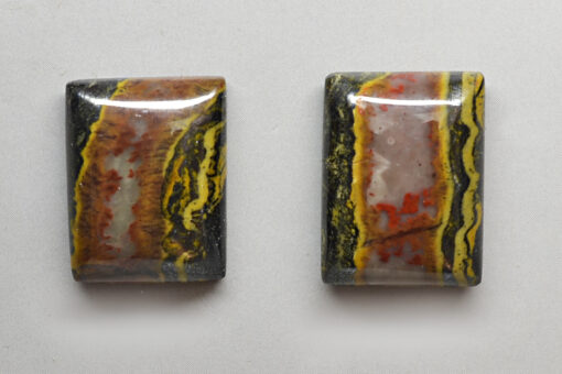 Two pieces of black and yellow agate on a white surface.