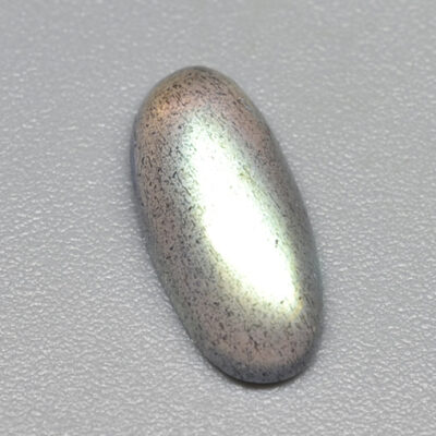 A gray oval shaped stone on a white surface.