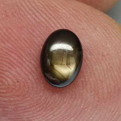 A person's finger with a black stone on it.