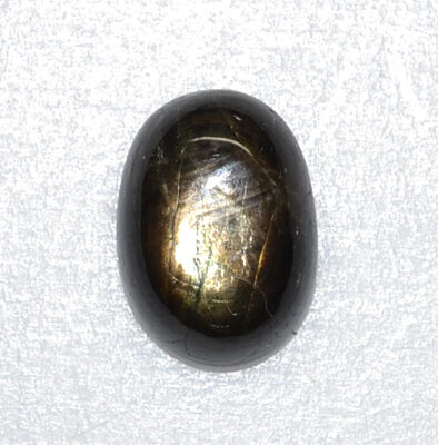 A black labradorite on a white surface.