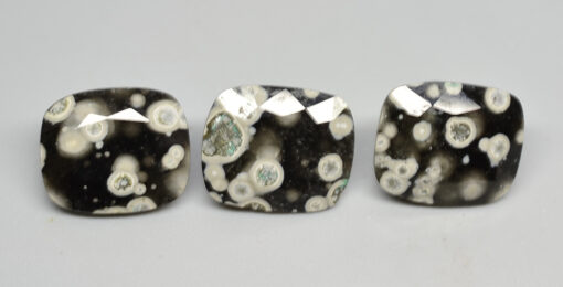 Three black and white apatite cabochons on a white surface.