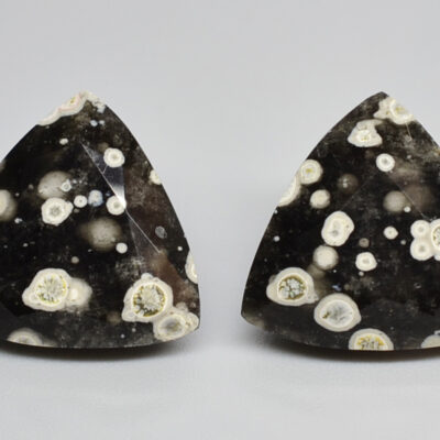 A pair of black and white triangular shaped stones.