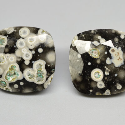 A pair of black and white stone stud earrings.