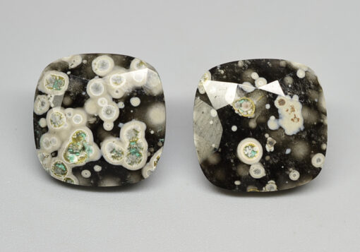 A pair of black and white stone stud earrings.