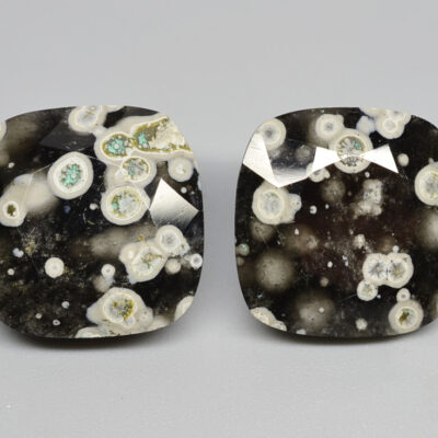 A pair of black and white apatite cabochons.