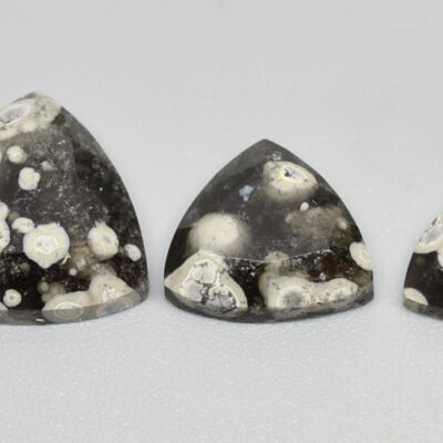 Three pieces of black and white smoky quartz on a white surface.
