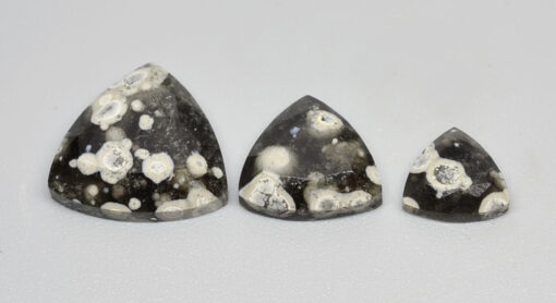 Three pieces of black and white smoky quartz on a white surface.