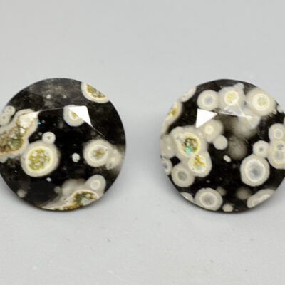 A pair of black and white apatite stud earrings.