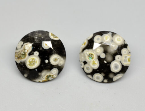 A pair of black and white apatite stud earrings.