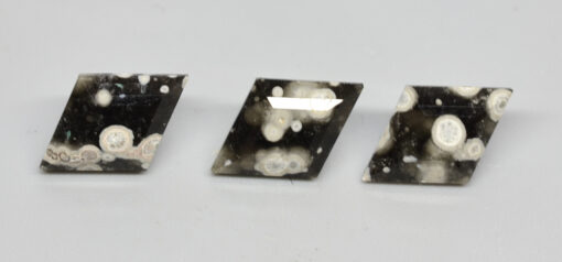 Three pieces of black and white apatite on a white surface.