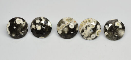 Four oval shaped black and white apatite cabochons.