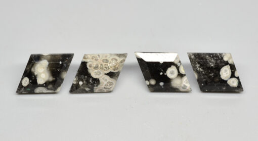 Four pieces of black and white agate on a white surface.